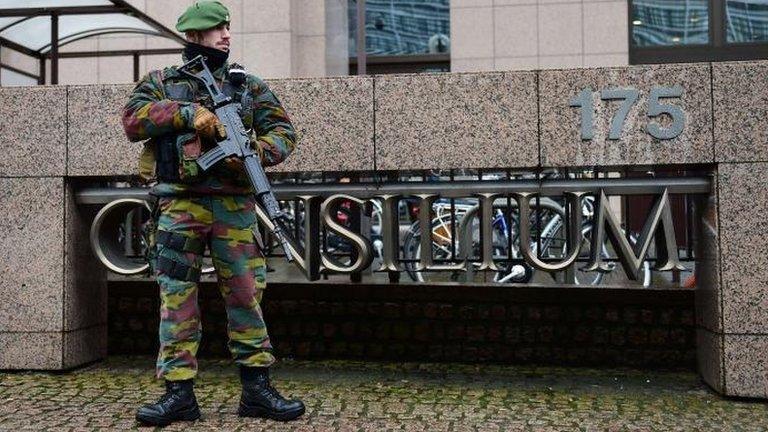 A Belgian soldier patrols outside the European Council headquarters in Brussels, 19 Jan