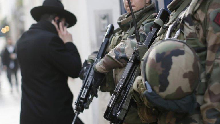 French soldiers patrol a Jewish neighbourhood in Paris, 20 January