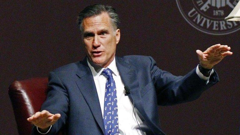 Former GOP presidential candidate Mitt Romney answers a question after his lecture to the student body and guests at Mississippi State University in Starkville, Mississippi