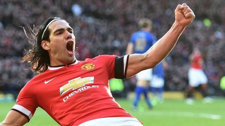 Manchester United striker Radamel Falcao celebrates after putting his side 2-0 ahead