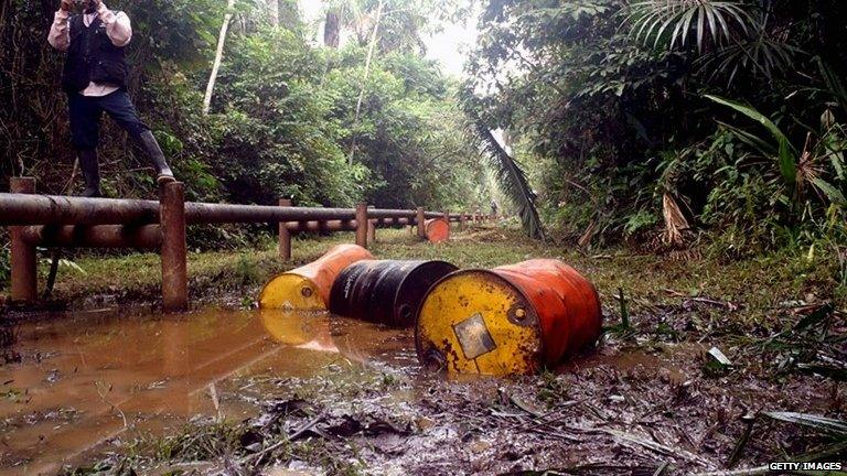 Undated picture released in Lima Feb 6 Union of Indigenous People in Defense of their Territories (PUINAMUDT, showing pollution in Maranon river basin in Northern Peru