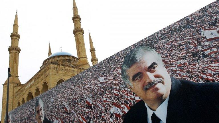 A giant poster shows former Prime Minister Rafik Hariri near his tomb ahead of the 10th anniversary of his assassination, in central Beirut, Lebanon on Friday