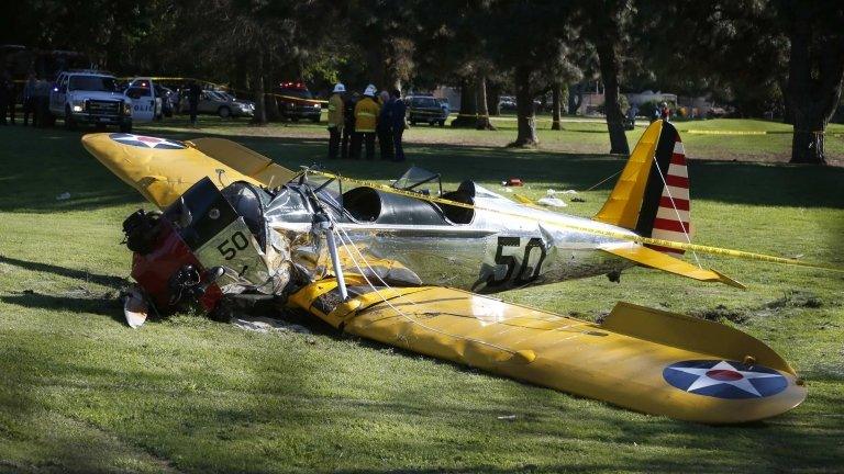 Harrison Ford's crashed aeroplane on Penmar Golf Course, Venice, California 5 March 2015