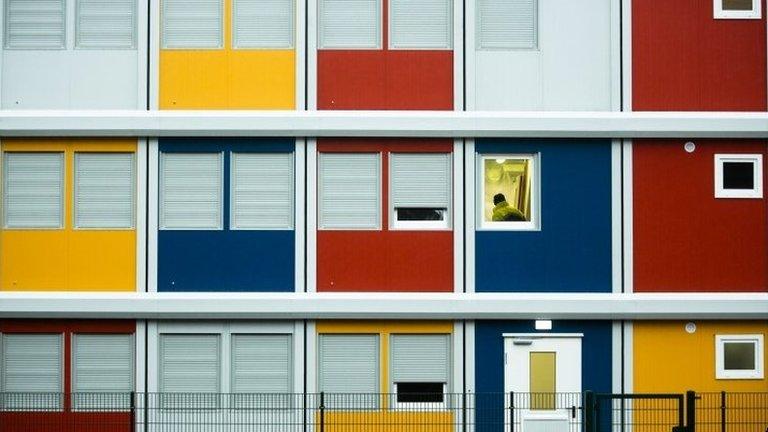 View of the living container village for refugees in the district of Koepenick in Berlin