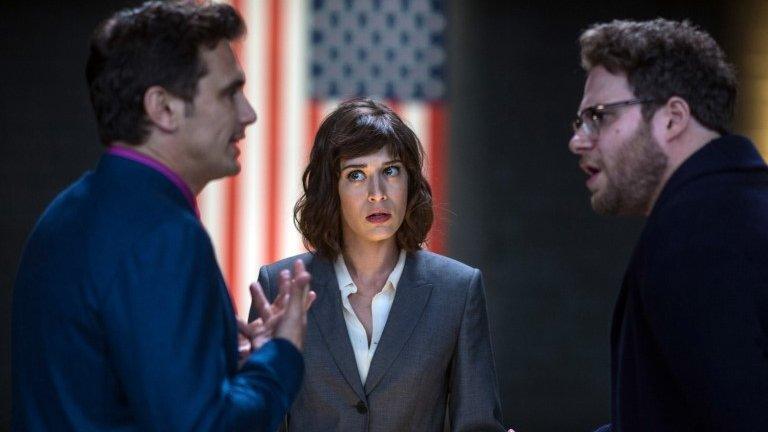 James Franco, as Dave, Lizzy Caplan as Lacey, and Seth Rogen, as Aaron, in Columbia Pictures