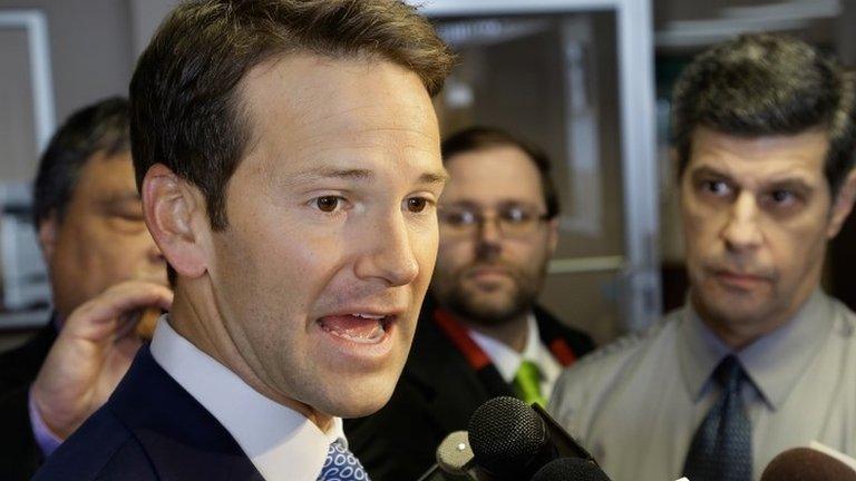 US Representative Aaron Schock speaks to reporters before meetings with constituents after a week in which he faced twin scandals 6 February 2015