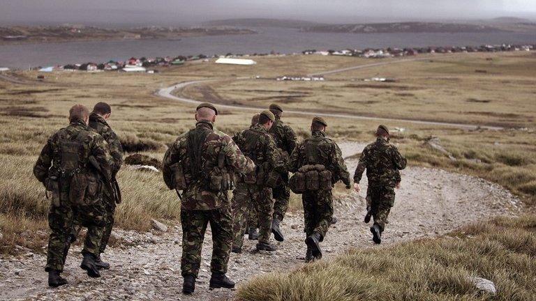 Falklands Islands Defence Force soldiers prepare to go on a training exercise on Sapper Hill