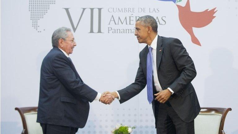 US President Barack Obama shakes hands with Cuban President Raul Castro during their meeting at the Summit of the Americas in Panama City, Panama, on 11 April 2015.