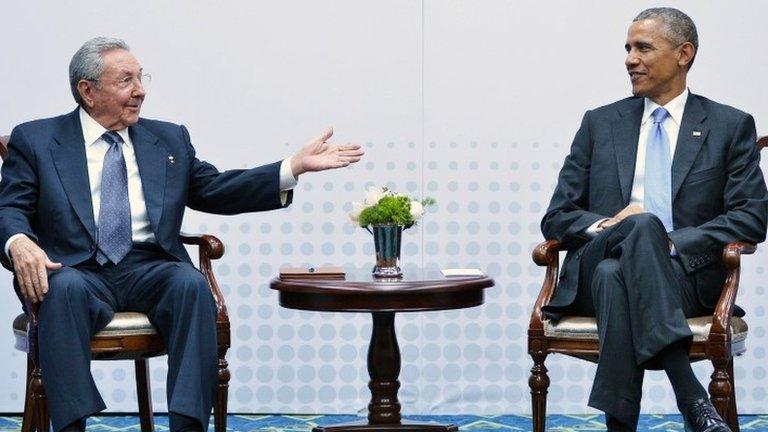 Cuba"s President Raul Castro (L) speaks during a meeting with US President Barack Obama on the sidelines of the Summit of the Americas at the ATLAPA Convention center on April 11, 2015 in Panama City.