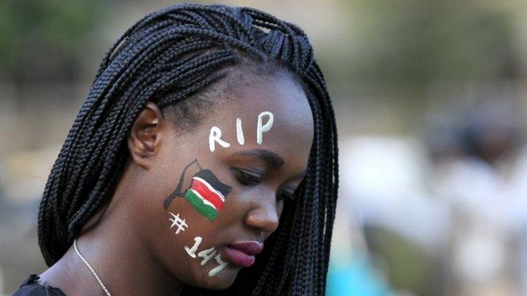 A student wearing facepaint dedicated to the Garissa university students who were killed by gunmen, attends a memorial concert at the "Freedom Corner" in Kenya"s capital Nairobi April 14, 2015.