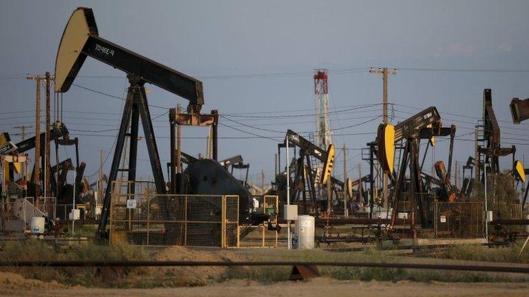 Pump jacks are seen in the Lost Hills Oil Field, California