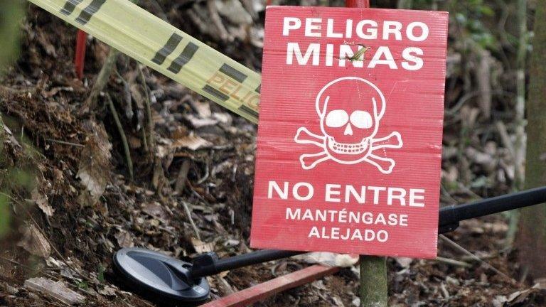 A warning sign for landmines in Antioquia province on 3 March, 2015