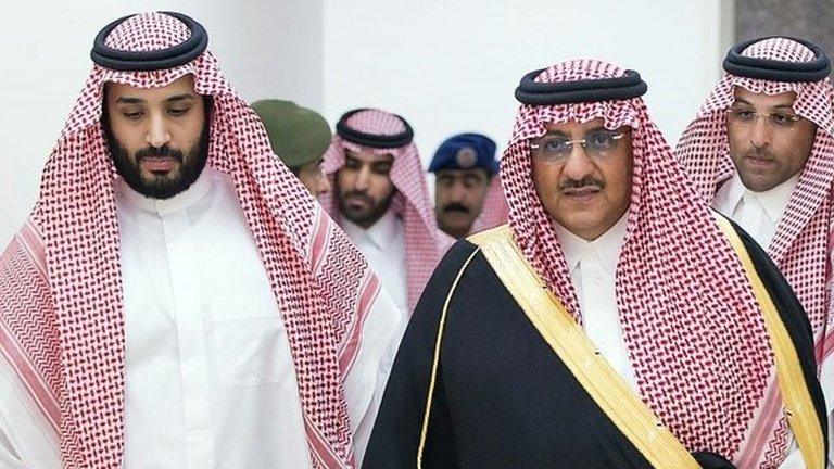 Saudi Prince Mohammed bin Salman (left) and Prince Mohammed bin Nayef (right) meet Saudi air force commanders in Riyadh (29 April 2015)