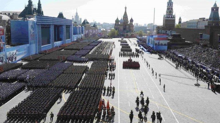 Russian soldiers march during the Victory Day parade at Red Square in Moscow, Russia, 9 May 2015