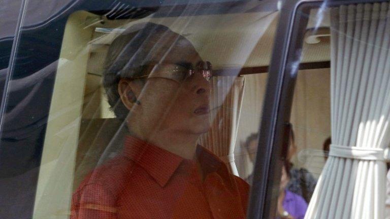 Thai King Bhumibol Adulyadej leaves Siriraj Hospital in Bangkok, 10 March 2015.