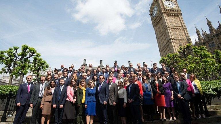 David Cameron and newly elected MPs pose inside the Palace of Westminster