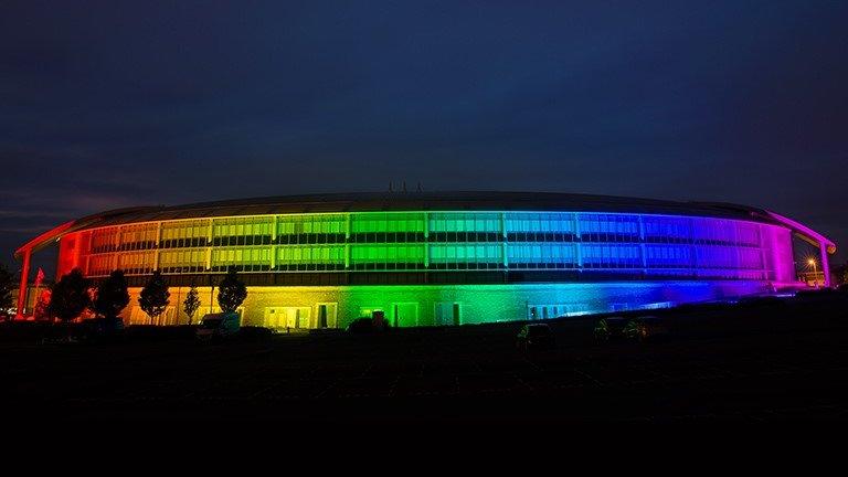 GCHQ lit up in rainbow colours