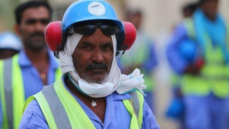 Migrant workers on the site of al-Wakrah stadium, Qatar