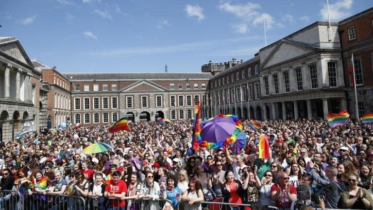 Crowds gathered at Dublin Castle for referendum count results