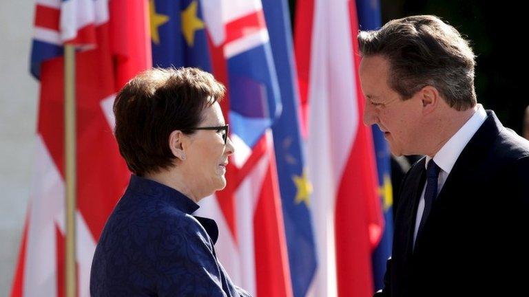 Polish Prime Minister Ewa Kopacz (right) welcomes her British counterpart David Cameron (left) prior to their meeting at the Lazienki Royal Palace in Warsaw, Poland, 29 May 2015