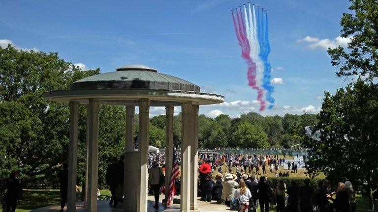 The Red Arrows fly over the Magna Carta memorial at Runnymede, near Egham, Surrey