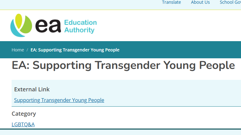 A screenshot of the EA's website linking to the 'Supporting Transgender Young People' hub under a category of external link.
