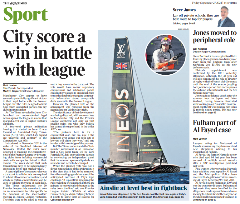 Back page of the Times on 27 September 2024