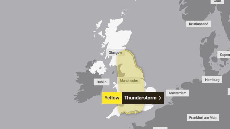 Map showing the yellow warning in places across most of Enngland and parts of Wales and Southern Scotland.