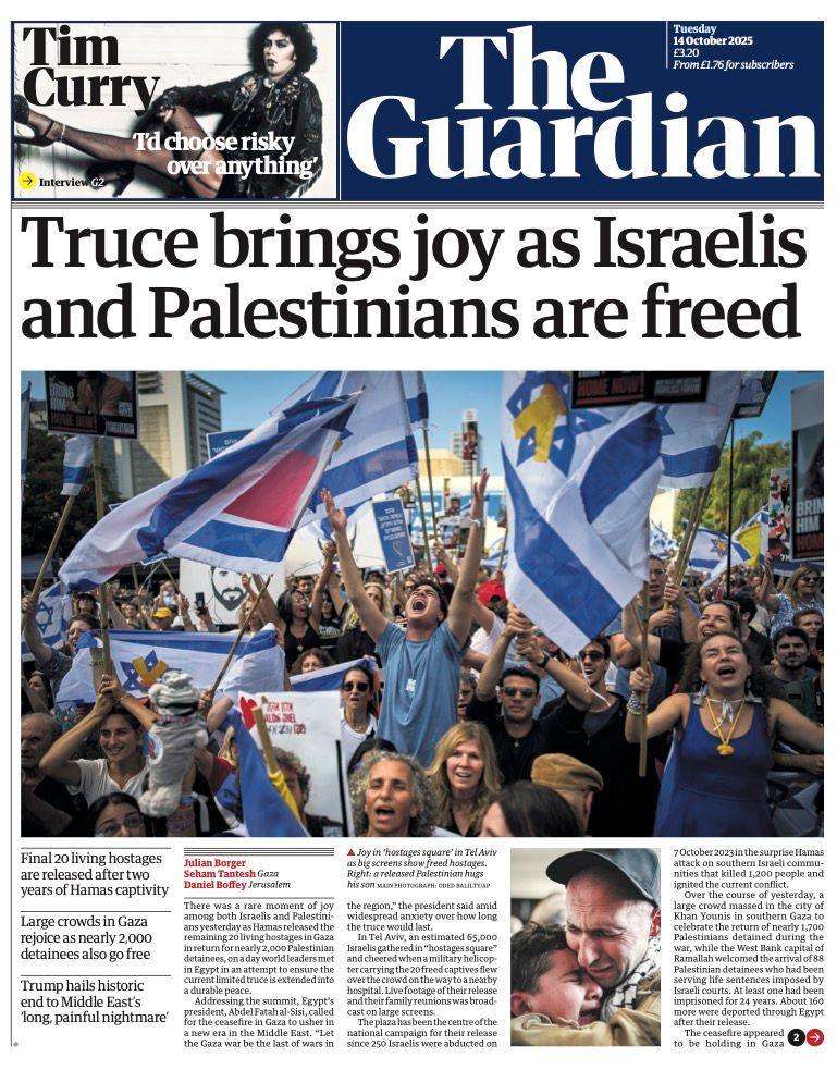 The headline on the front page of the Guardian reads: "Truce brings joy as Israelis and Palestinians are freed".