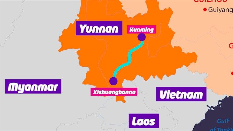 A Map showing the the journey from Xishuangbanna to Kunming