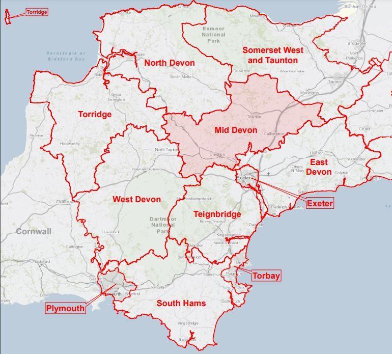 A map shows the district councils and the unitary authorities in Devon