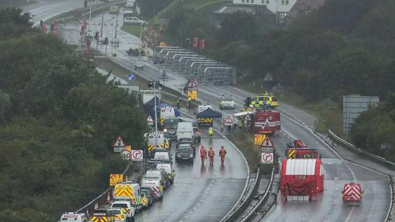 aerial shot of emergency services on the A27 near Shoreham in 2015 at scene of the air crash