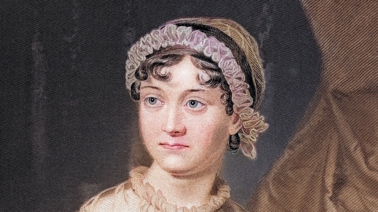 A painting of Jane Austen, who has short curly hair, blue eyes and is wearing a pink ruffled headband.