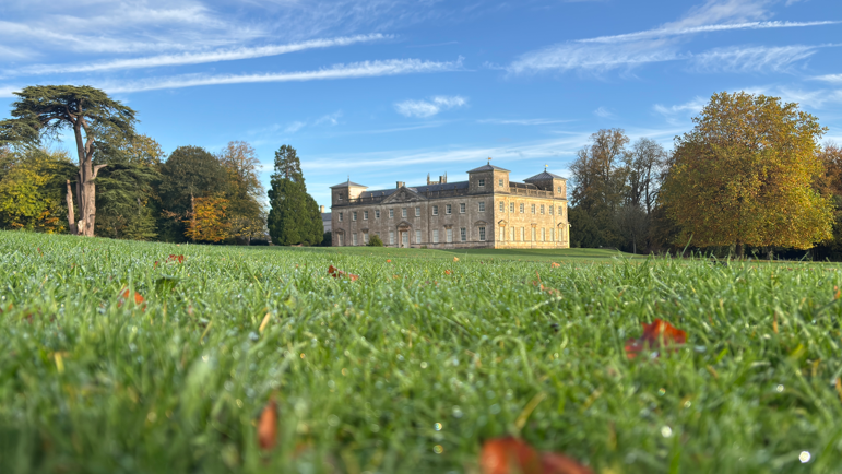 Old stately building surrounded by blue skies, green grass and tall trees. The picture is taken from ground level and an expanse of grass can be seen in front of the stately home.