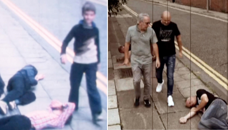 Image on the left shows a scene from the original filming of The Big Boss. It is grainy footage shot on a Cine Super-8 camera, and shows two boys lying on the ground and another boy walking past him. The image on the right shows a reconstruction of the scene, but involving men now in their 50s and 60s. It is shot on the same, grainy film stock.