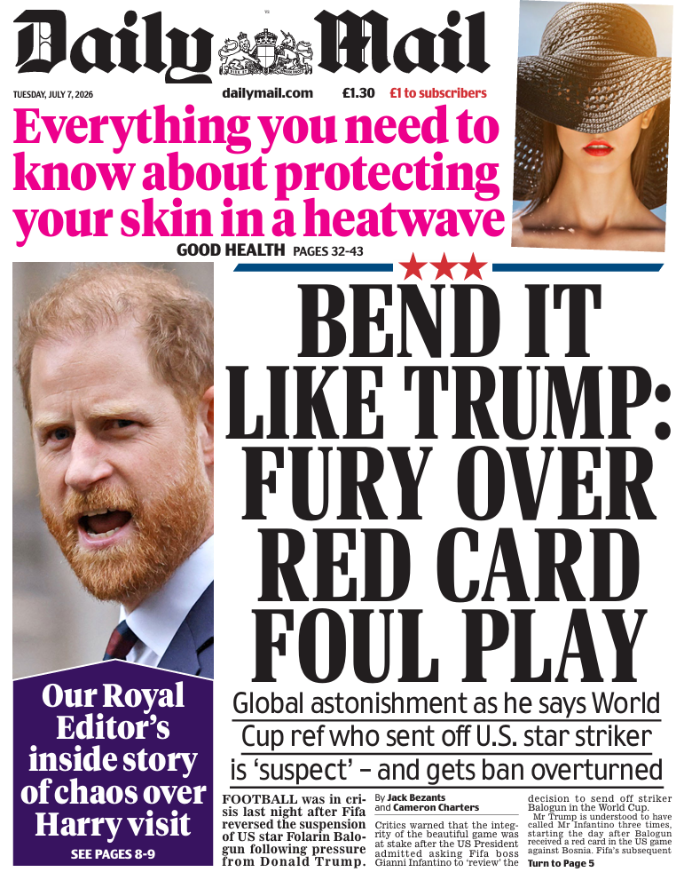 The headline on the front page of the Daily Mail reads: 'Bend it like Trump: Fury over red card foul play.'
