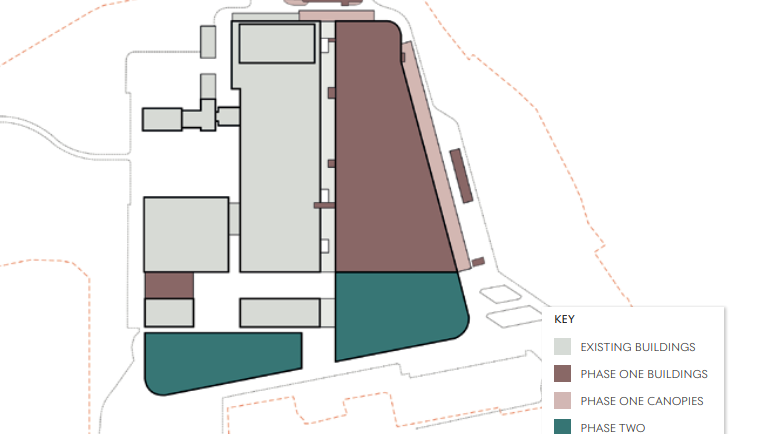 Plans indicating which part of the buildings are to be built in phases one and two