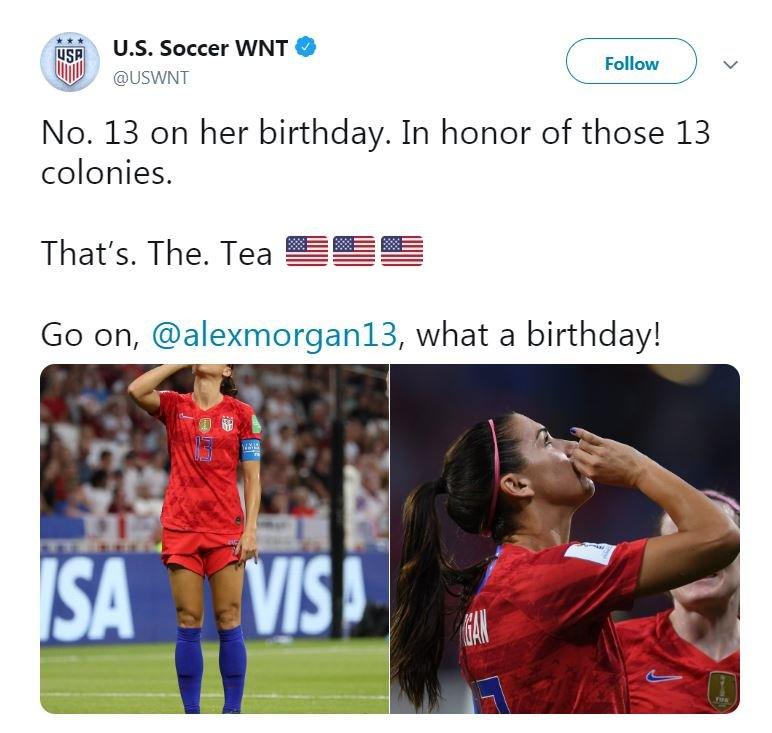 The US national women's team tweeted to say Alex Morgan's birthday goal was 'in honor of the 13 colonies'.