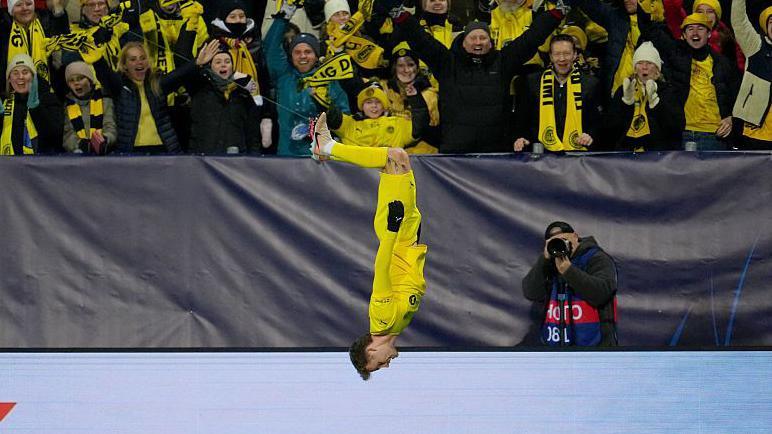Ole Blomberg flips upside down in celebration following goal for Bodo