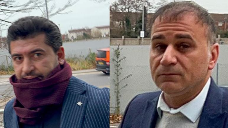 Hassan Saritag (left) and Sami Abudullah outside magistrates court, both looking towards the camera