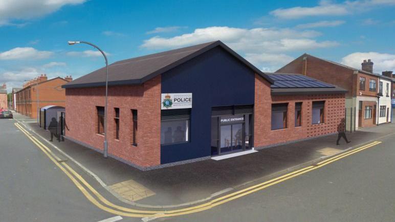 CGI showing how the new police station building could look. A single-storey L-shaped brick building with a fenced off area behind.