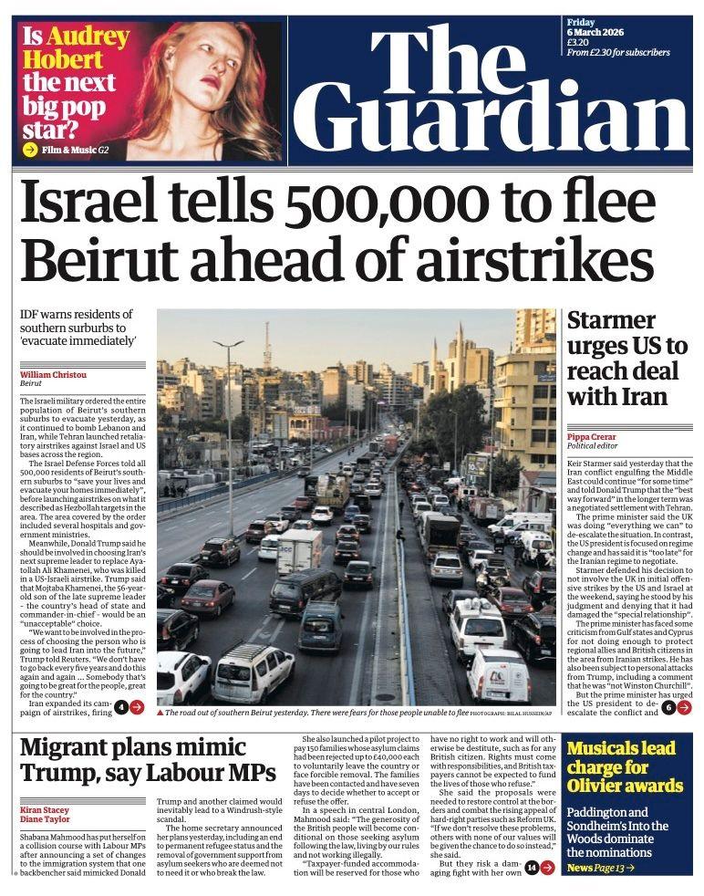 Titulli në faqen e parë të gazetës Guardian thotë: “Izraeli u thotë 500,000 njerëzve të largohen nga Bejruti përpara sulmeve ajrore”.