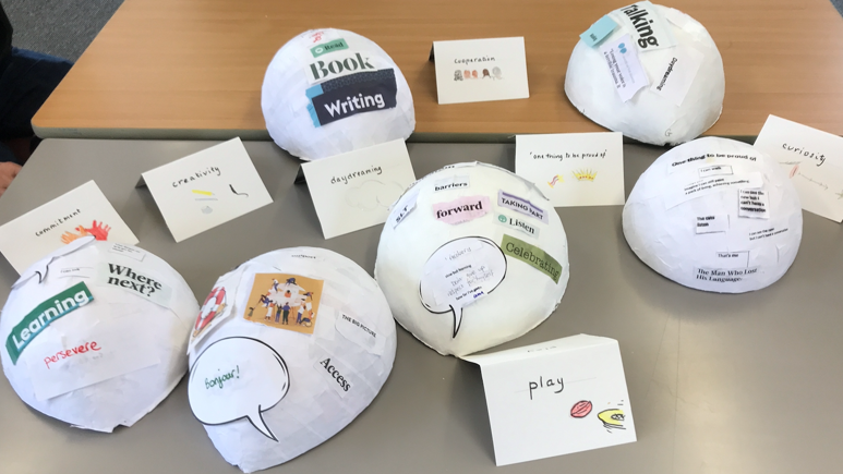 A craft activity with words stuck on semi-circular balls