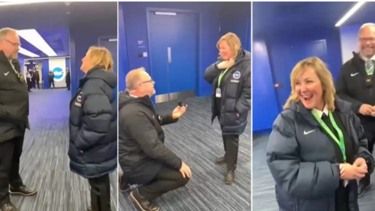 A collage of two people getting engaged. In the middle image a man is down on one knee holding a ring and a woman is stood smiling. Both are wearing puffa coats and are in front of a blue door. 