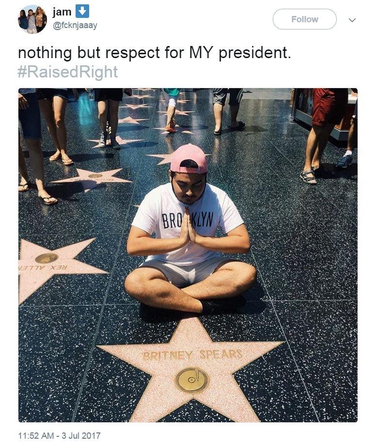 Man kneeling next to Britney Spears Hollywood star. Tweet saying: nothing but respect for MY president.