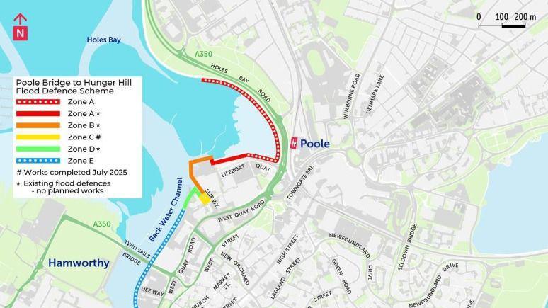 A map shows Poole Harbour with a red line indicating the location of the proposed flood defenced running along the east coast of Holes Bay close to the A350.