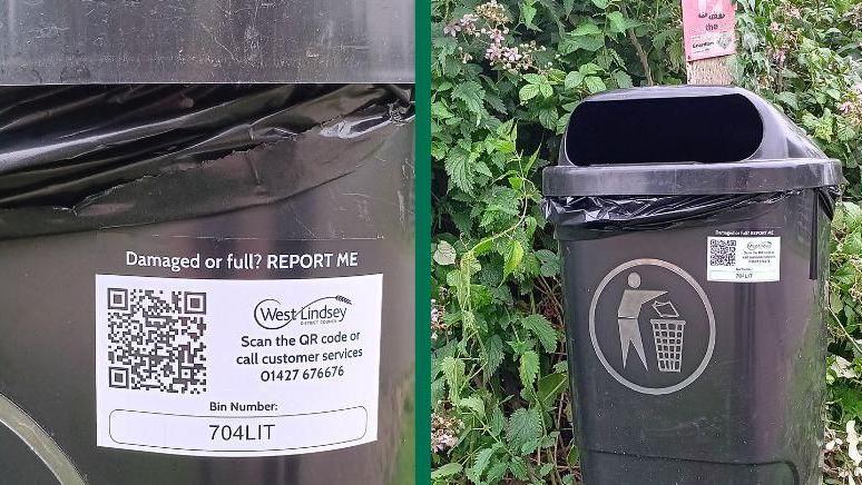 A collage of two images of a black litter bin showing a QR code on it. Above the QR code are the words Damaged or full? Report me.