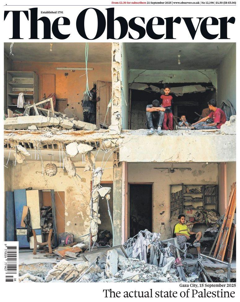 The headline on the front page of the Observer reads: "The actual state of Palestine".