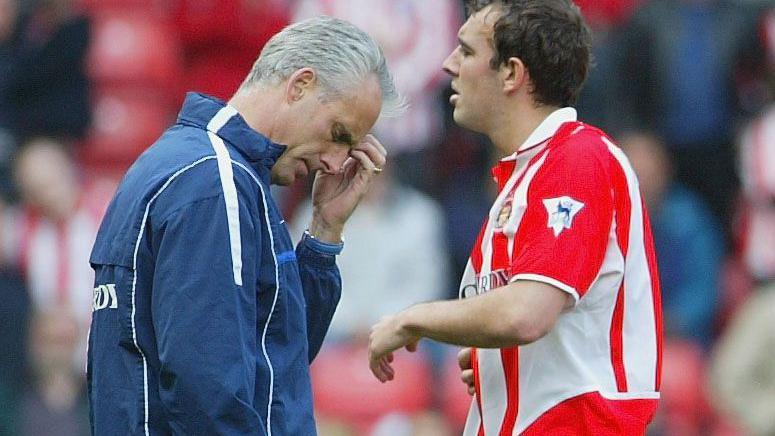 Mick McCarthy and Gavin McCann react after Sunderland's relegation in 2002-03