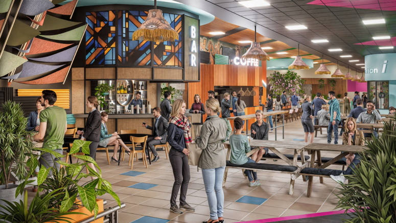 A CGI image of a street food market. There are members of the public scattered across the venue, and at picnic tables. There is a bar a coffee shop, and an information point. 